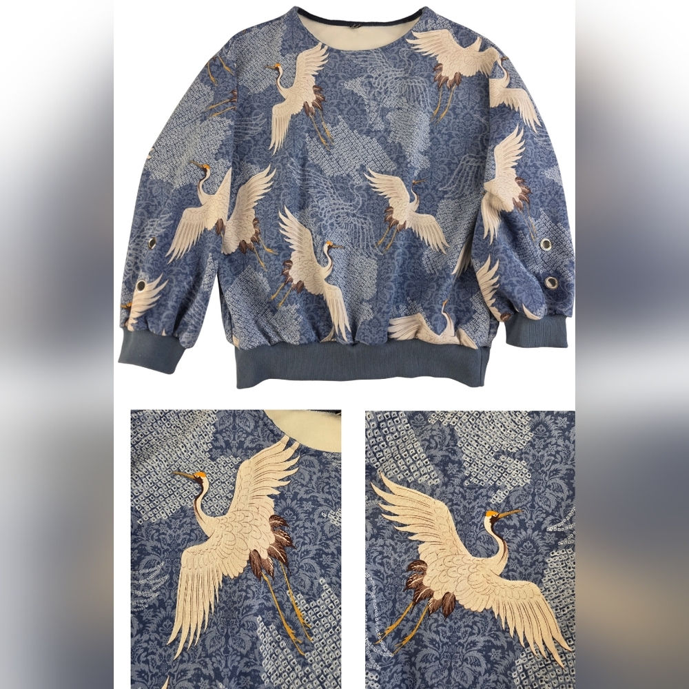 Blue Crane Print Sweatshirt Size M Soft Bird Japanese Style 2792-G